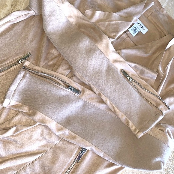 CARMEN MARC VALVO jacket, cream, waterfall front, faux leather zip cuffs. L - Picture 9 of 17